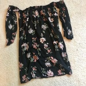 Off the shoulder black floral shift dress